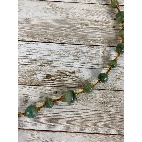 Bead Necklace 26 in No Clasp Green Natural Malachite W Amber Colored Spacer Vtg - Picture 4 of 11